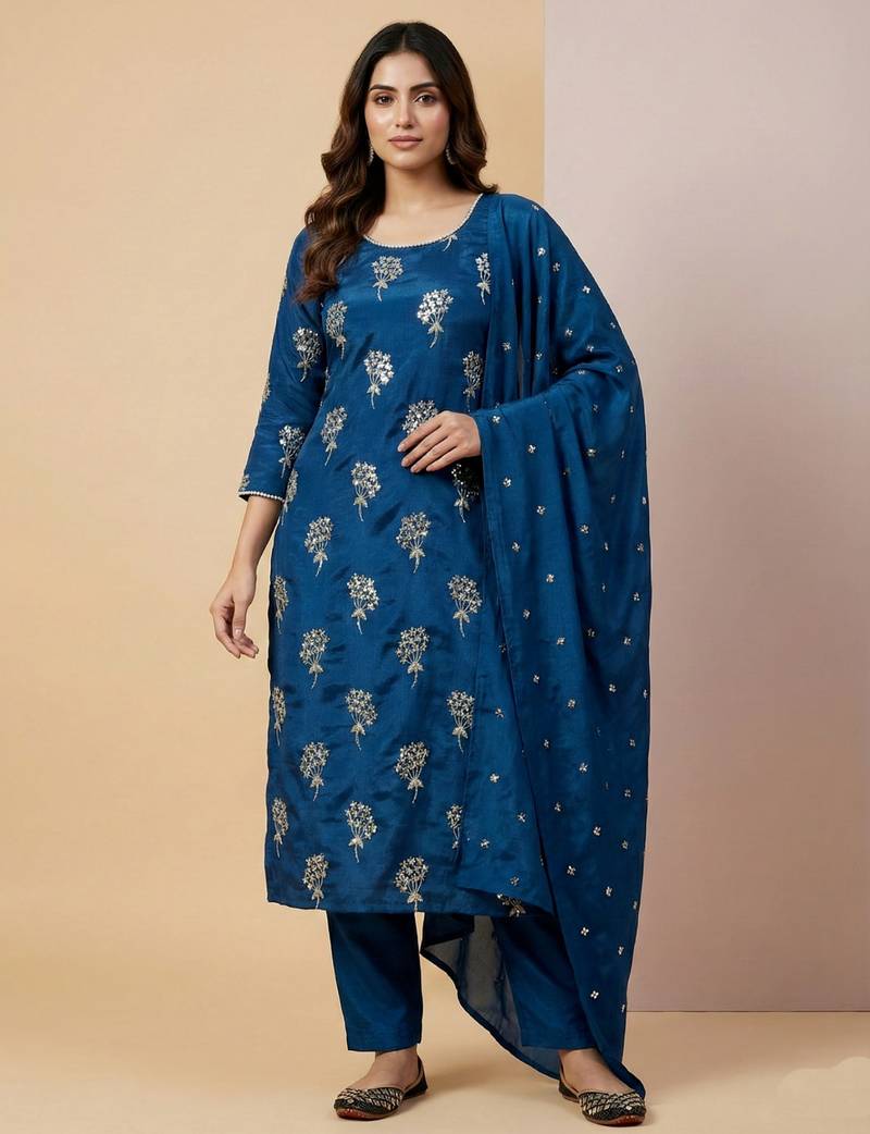 Blue designer heavy chinon sequins embroidered work readymade suit