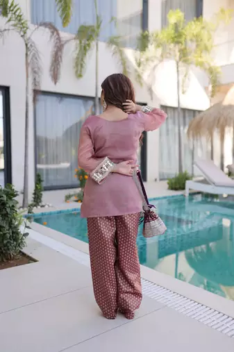 Peach pink designer salasa silk mirror & lace work work readymade suit