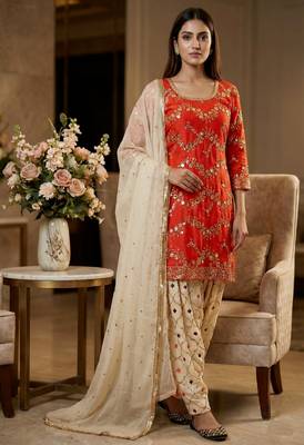 Orange designer faux georgette sequins embroidered work readymade suit 1