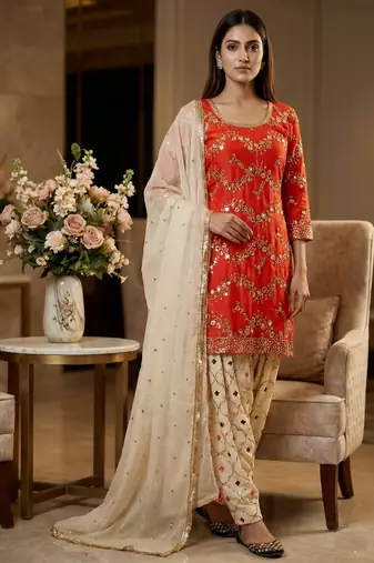 Orange designer faux georgette sequins embroidered work readymade suit