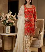 Orange designer faux georgette sequins embroidered work readymade suit