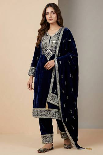 Navy blue designer pure heavy viscous velvet sequins embroidered work readymade suit
