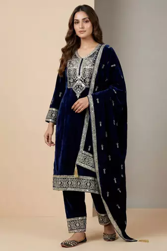 Navy blue designer pure heavy viscous velvet sequins embroidered work readymade suit