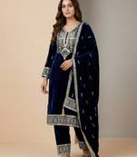 Navy blue designer pure heavy viscous velvet sequins embroidered work readymade suit