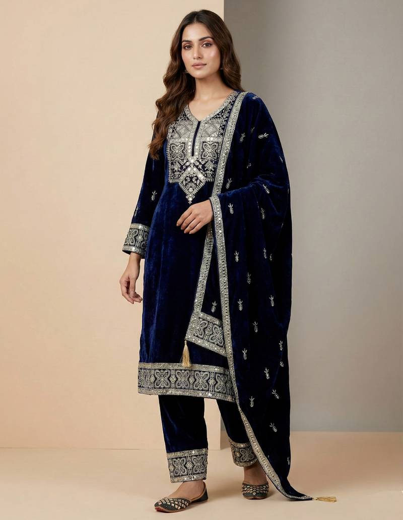 Navy blue designer pure heavy viscous velvet sequins embroidered work readymade suit