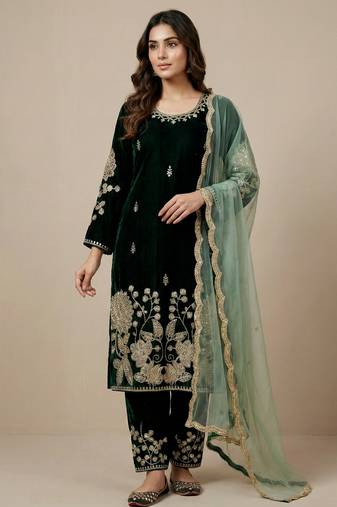 Green designer pure heavy viscous velvet sequins embroidered work readymade suit