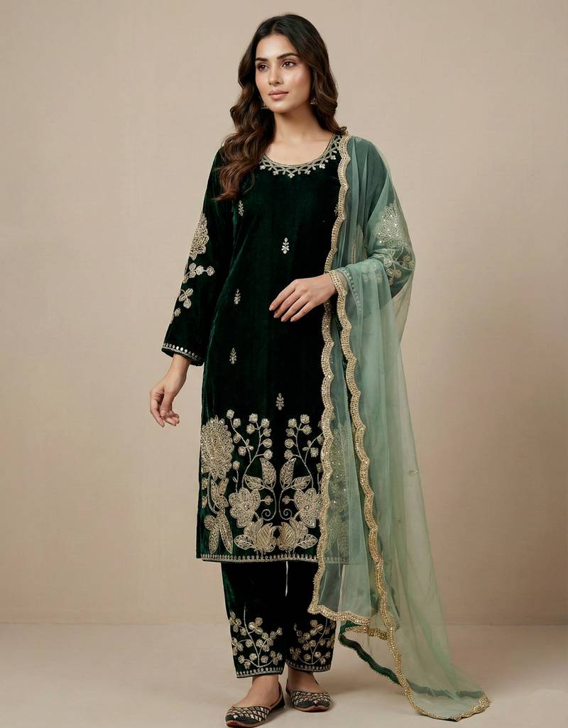 Green designer pure heavy viscous velvet sequins embroidered work readymade suit