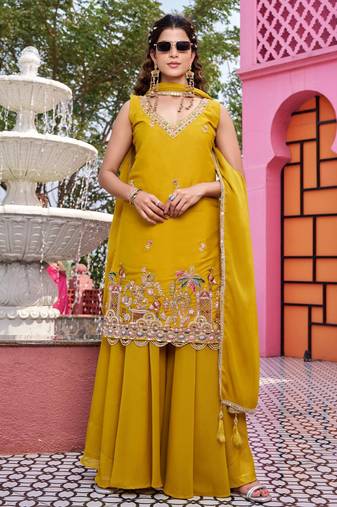 Yellow designer pure star georgette sequins embroidered work readymade suit