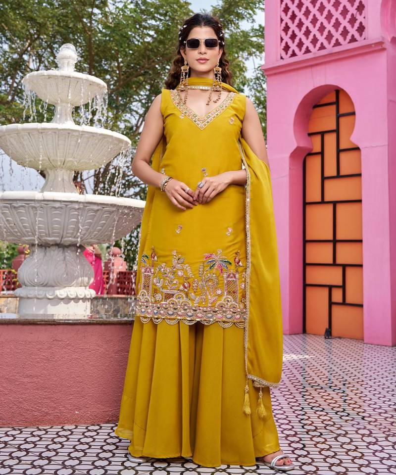 Yellow designer pure star georgette sequins embroidered work readymade suit