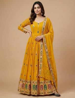 Yellow designer heavy faux georgette sequins embroidered work readymade suit 1
