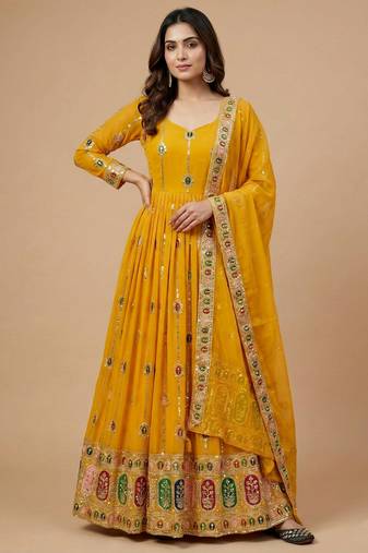 Yellow designer heavy faux georgette sequins embroidered work readymade suit