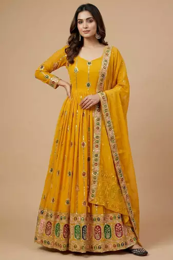 Yellow designer heavy faux georgette sequins embroidered work readymade suit
