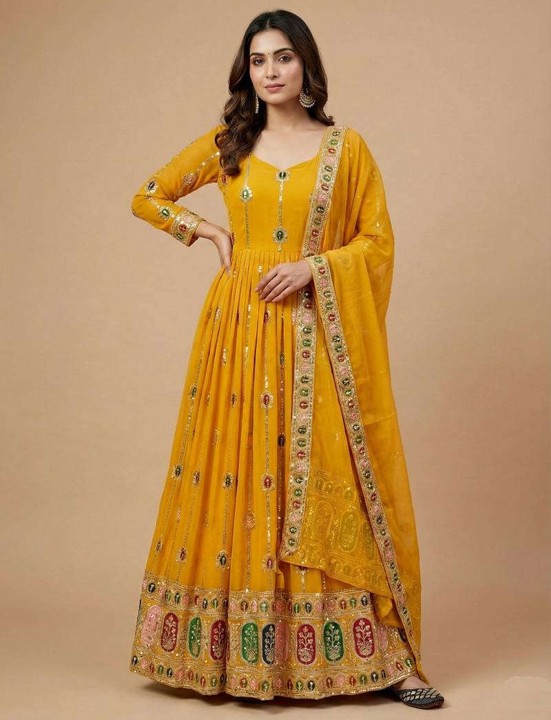 Yellow designer heavy faux georgette sequins embroidered work readymade suit