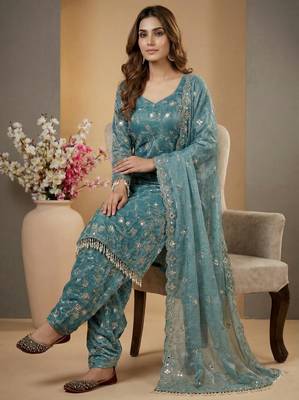 Blue designer heavy fandy crush silk sequins embroidered work readymade suit 2