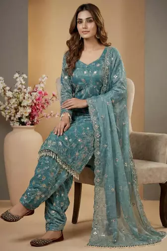 Blue designer heavy fandy crush silk sequins embroidered work readymade suit