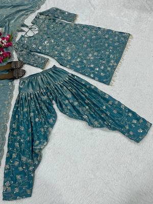 Blue designer heavy fandy crush silk sequins embroidered work readymade suit 3