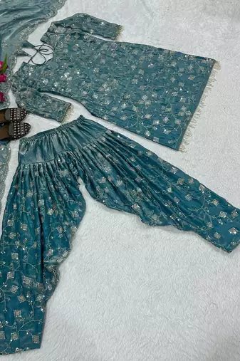 Blue designer heavy fandy crush silk sequins embroidered work readymade suit
