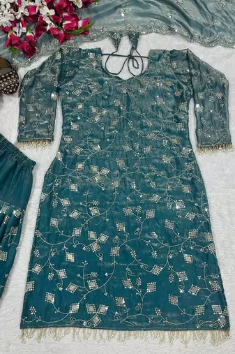 Blue designer heavy fandy crush silk sequins embroidered work readymade suit