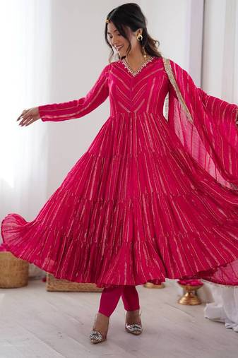Pink designer mal chanderi silk real mirror with handwork work readymade suit