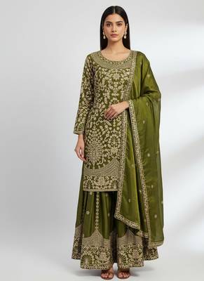 Mehendi green designer heavy gmy silk sequins embroidered work readymade suit 1