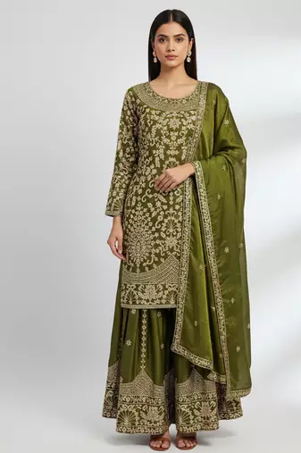 Mehendi green designer heavy gmy silk sequins embroidered work readymade suit