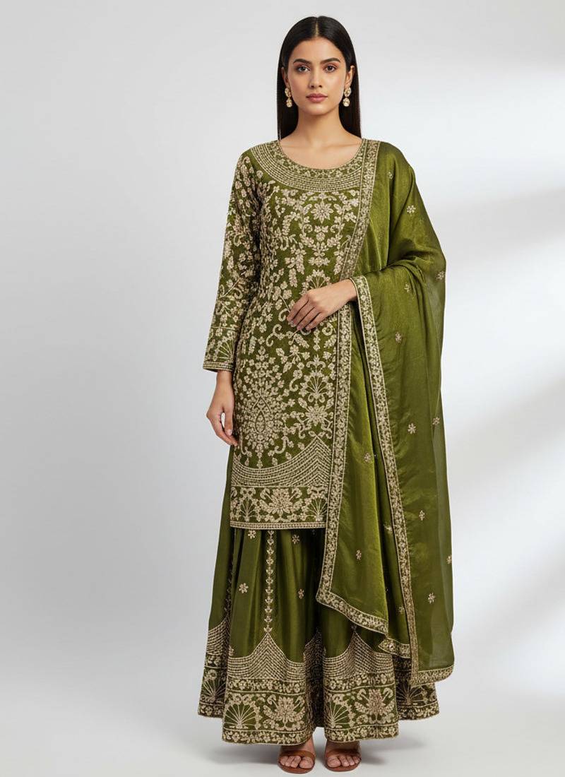 Mehendi green designer heavy gmy silk sequins embroidered work readymade suit