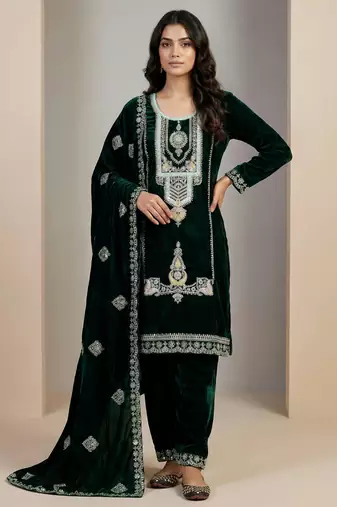 Green designer pure heavy viscous velvet sequins embroidered work readymade suit