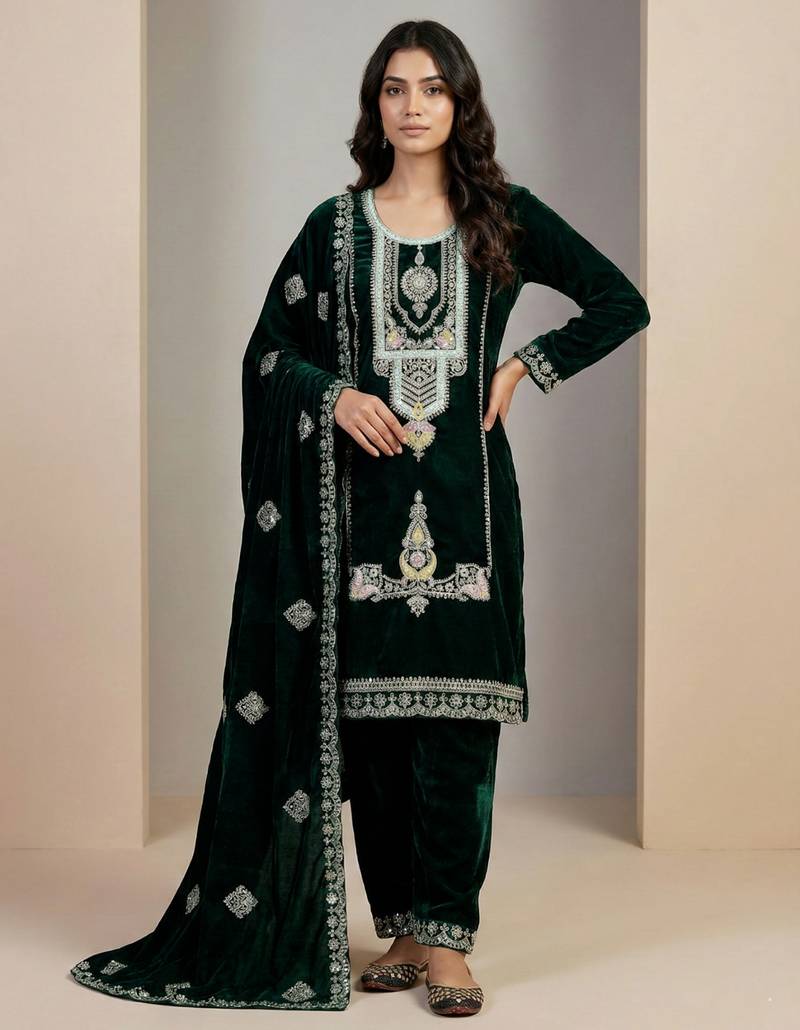 Green designer pure heavy viscous velvet sequins embroidered work readymade suit