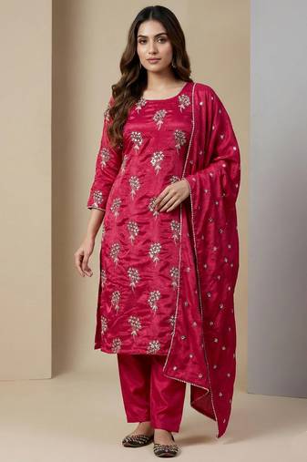 Pink designer heavy chinon sequins embroidered work readymade suit