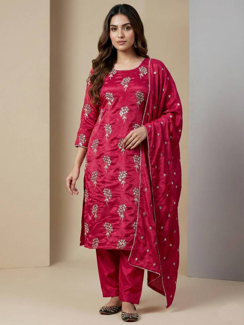 Pink designer heavy chinon sequins embroidered work readymade suit