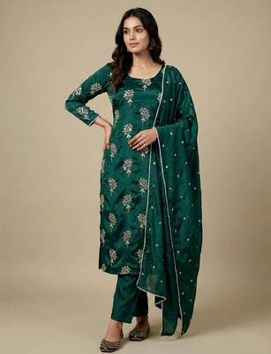 Green designer heavy chinon sequins embroidered work readymade suit 1