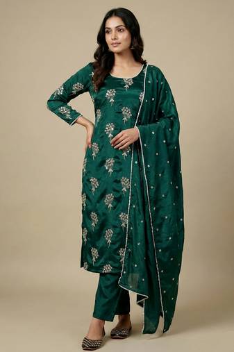 Green designer heavy chinon sequins embroidered work readymade suit