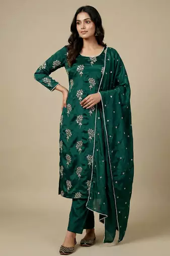 Green designer heavy chinon sequins embroidered work readymade suit