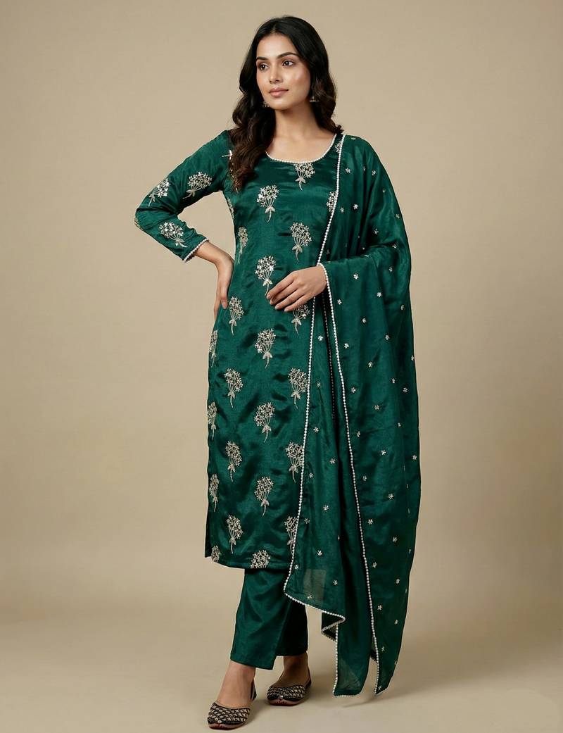 Green designer heavy chinon sequins embroidered work readymade suit