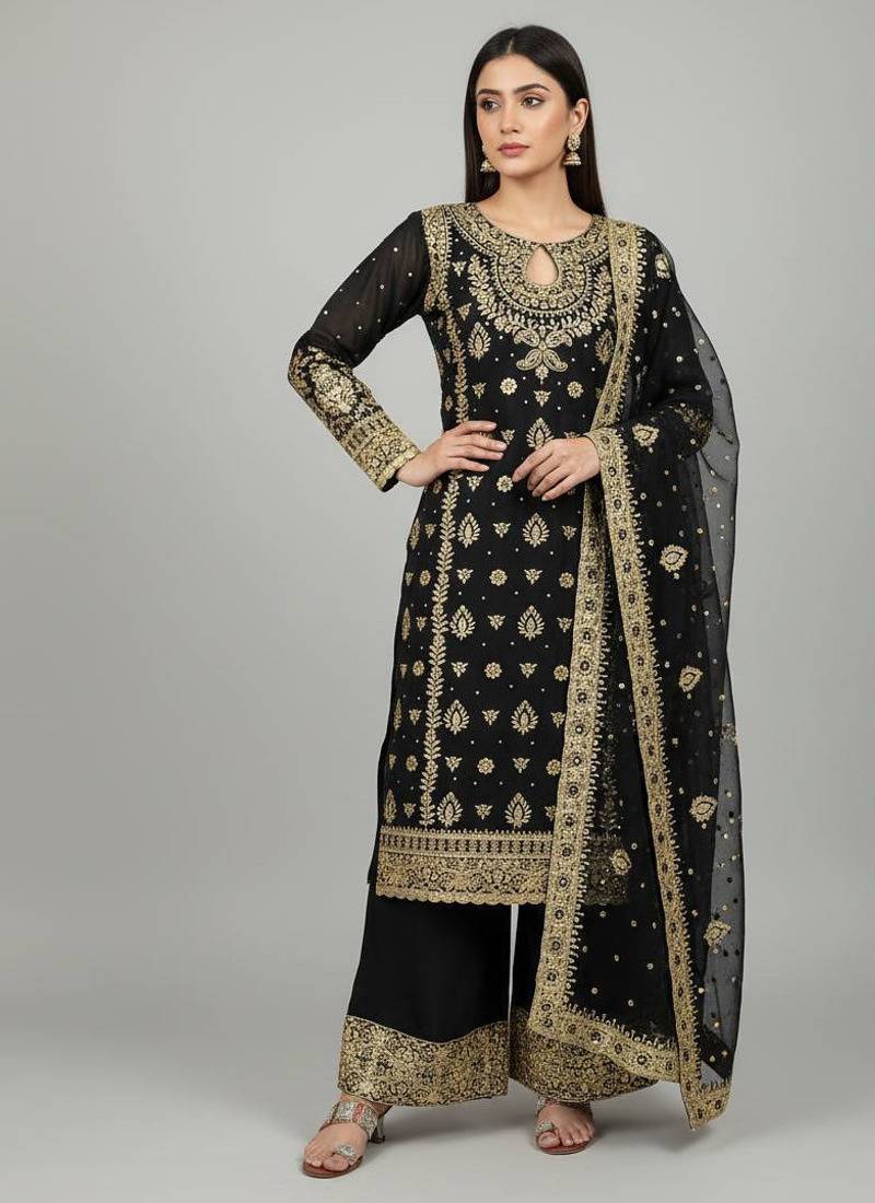 Black designer heavy faux georgette sequins embroidered work readymade suit