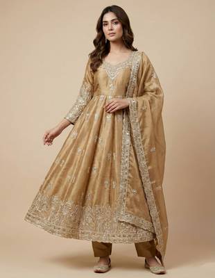 Beige designer pure jimmy choo silk sequins embroidered work readymade suit 1