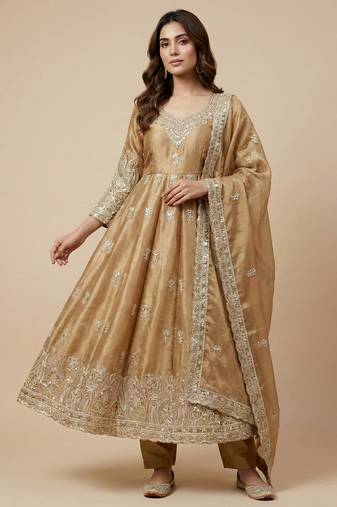 Beige designer pure jimmy choo silk sequins embroidered work readymade suit
