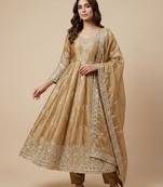 Beige designer pure jimmy choo silk sequins embroidered work readymade suit