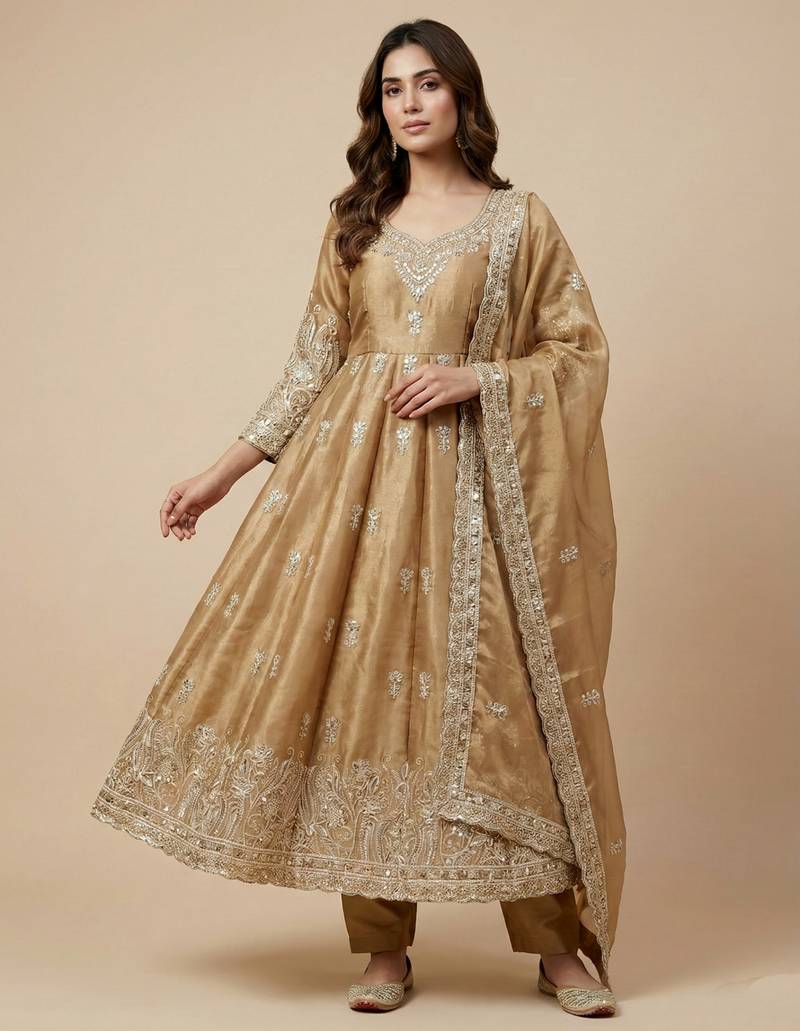 Beige designer pure jimmy choo silk sequins embroidered work readymade suit