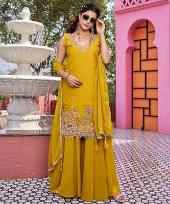 Yellow designer pure star georgette sequins embroidered work readymade suit 2