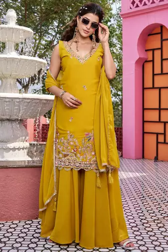 Yellow designer pure star georgette sequins embroidered work readymade suit