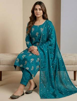 Teal designer heavy chinon sequins embroidered work readymade suit 2