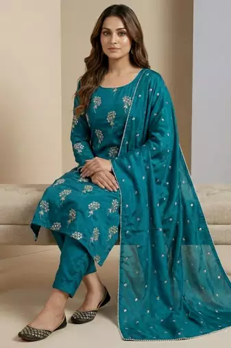 Teal designer heavy chinon sequins embroidered work readymade suit