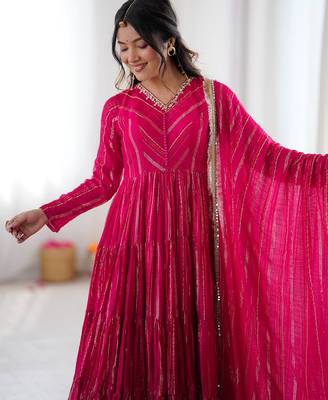 Pink designer mal chanderi silk real mirror with handwork work readymade suit 2
