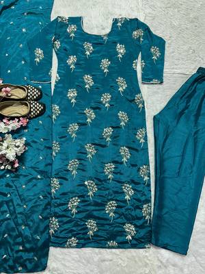 Teal designer heavy chinon sequins embroidered work readymade suit 3