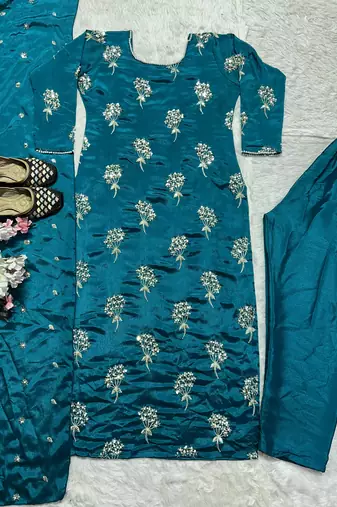 Teal designer heavy chinon sequins embroidered work readymade suit