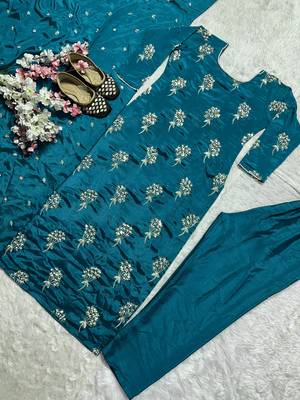 Teal designer heavy chinon sequins embroidered work readymade suit 4