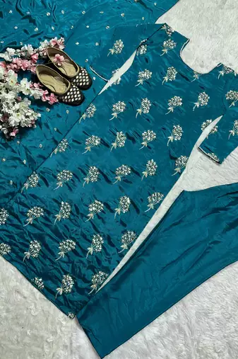 Teal designer heavy chinon sequins embroidered work readymade suit