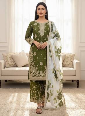 Mehendi green designer pure gmy silk sequins embroidered work readymade suit 1