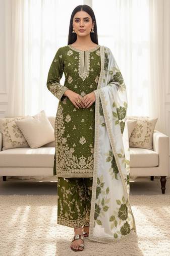 Mehendi green designer pure gmy silk sequins embroidered work readymade suit
